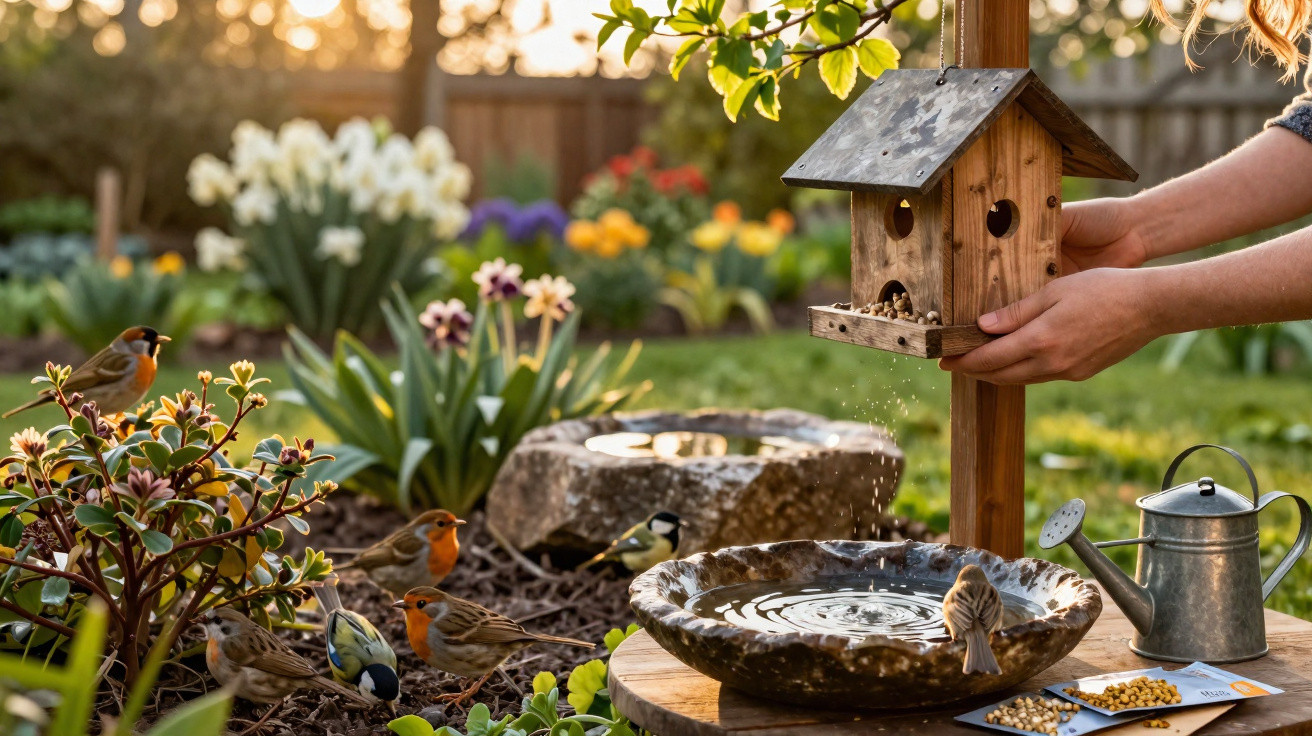 Hands filling a wooden bird feeder beside a garden birdbath and various birds in a colourful flower garden.