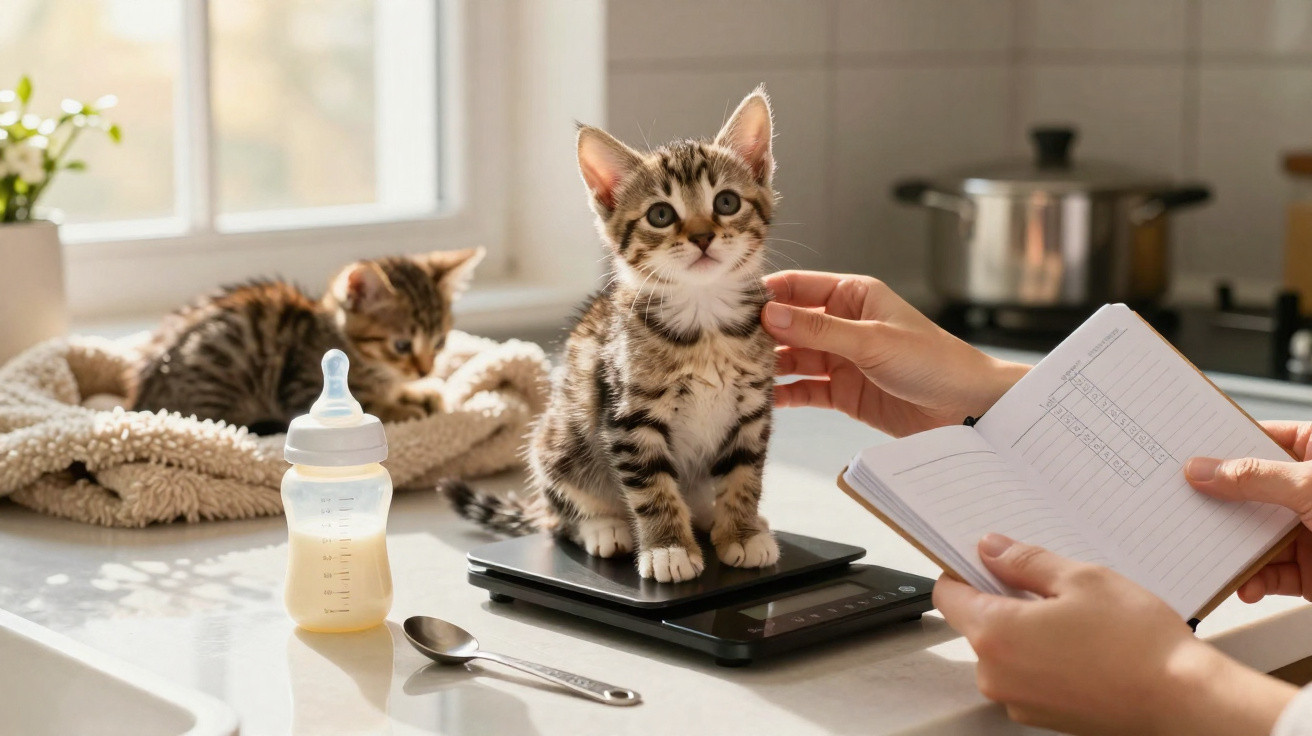 Tabby kitten sitting on a digital scale on a kitchen counter with a person holding a notebook nearby.