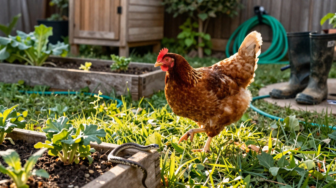 Brown chicken walking beside a raised garden bed with a snake in a sunny backyard garden.