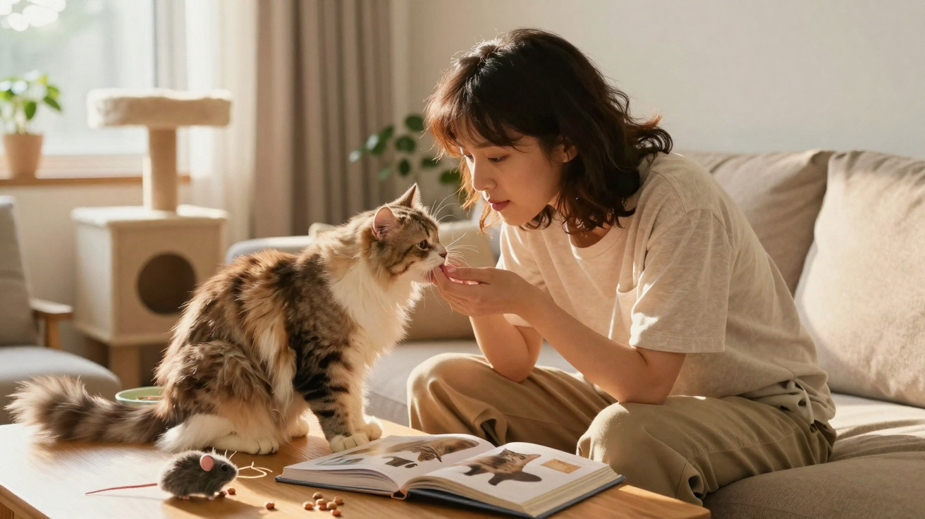Woman feeding a fluffy cat on a table with a book about cats in a sunlit living room.