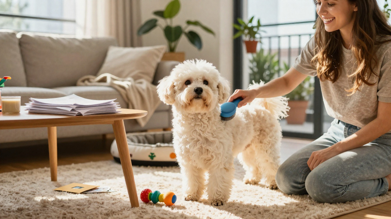 Woman brushing a small white dog on a carpeted floor in a bright living room with toys and a coffee table nearby.