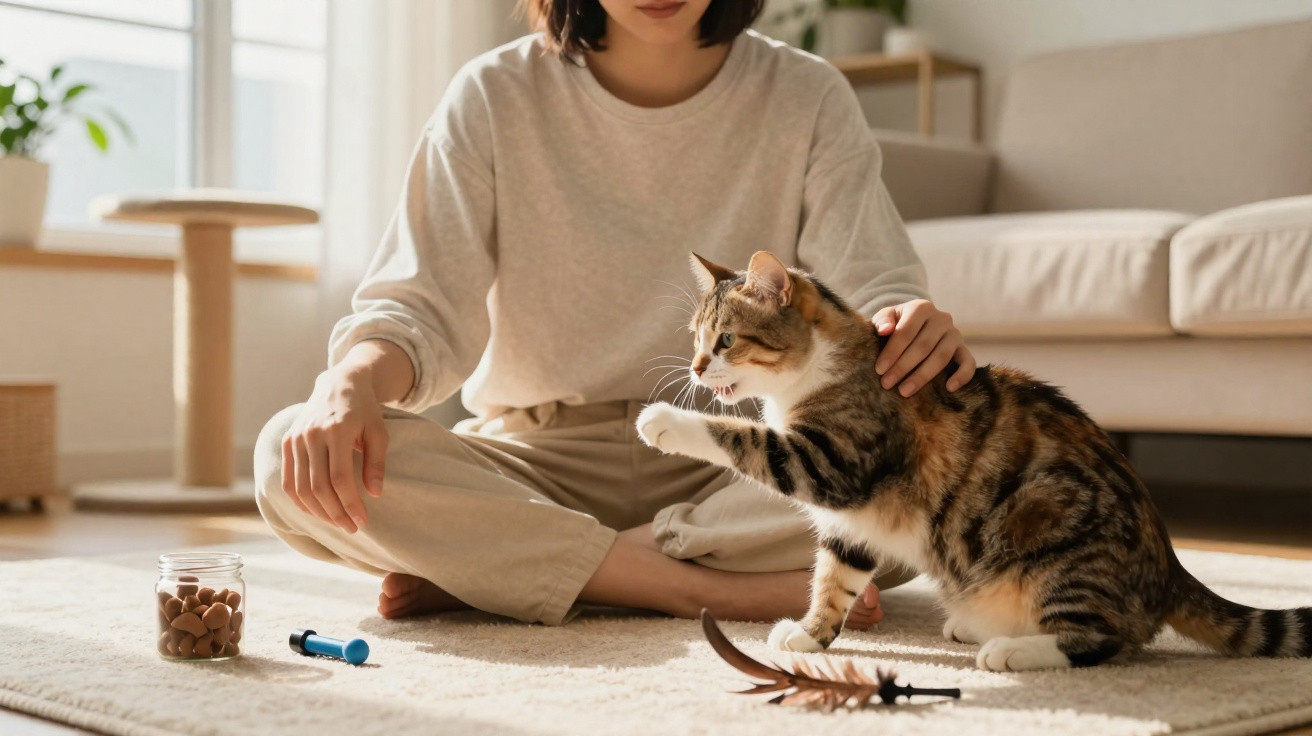 Person sitting cross-legged on carpet playing with tabby cat using feather toy near treats and syringe-shaped tool.