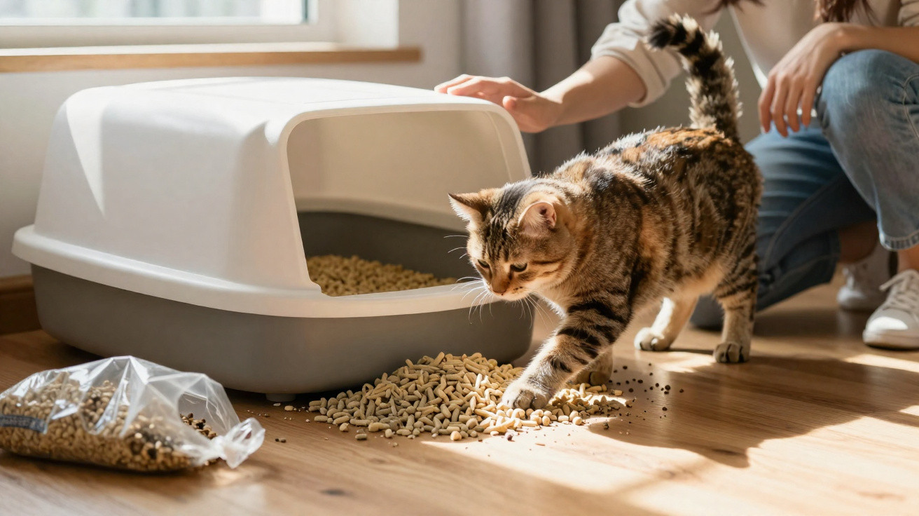 Tabby cat stepping in spilled wooden pellet litter next to covered litter tray and person crouching nearby.