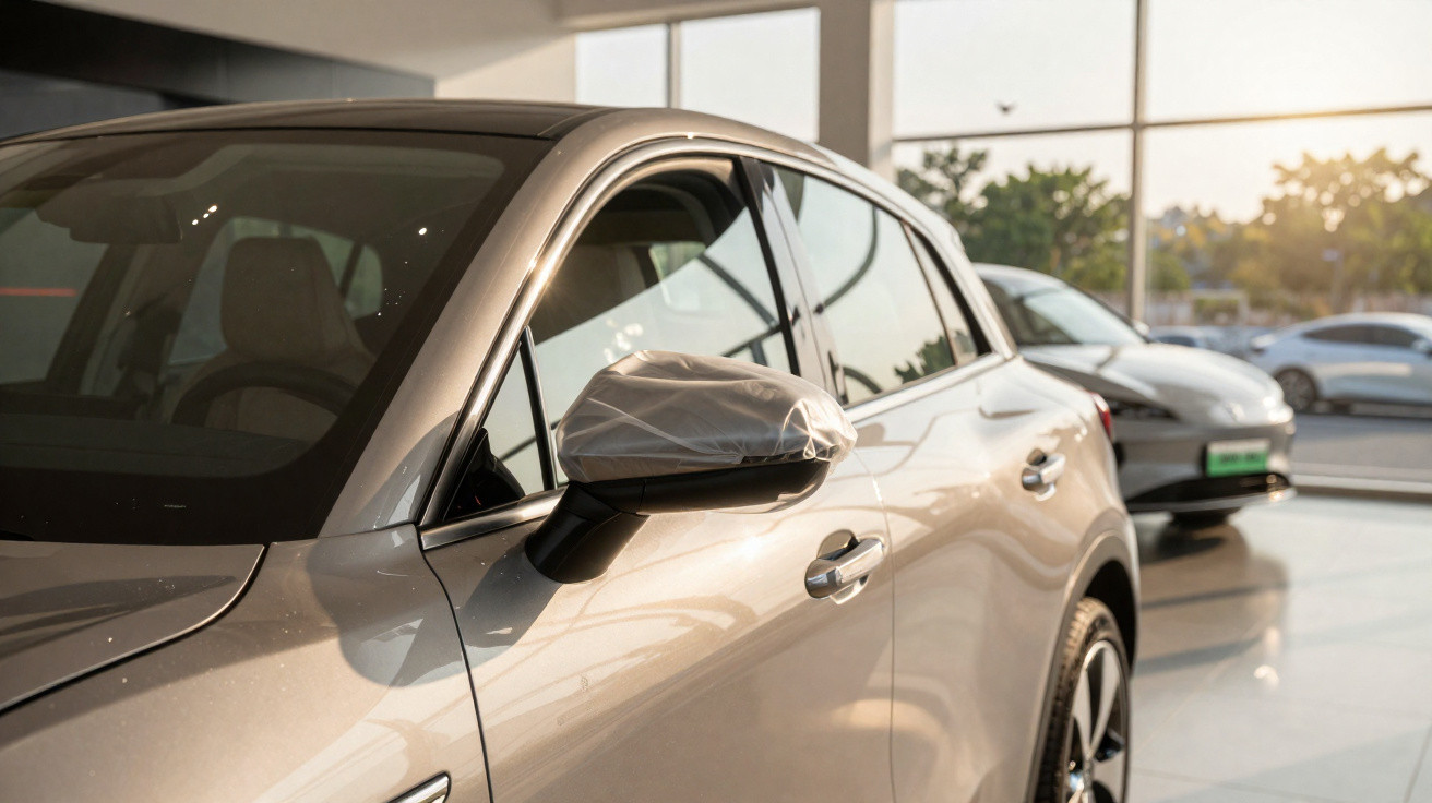 Close-up of a silver car with a covered side mirror inside a showroom with other cars in the background.