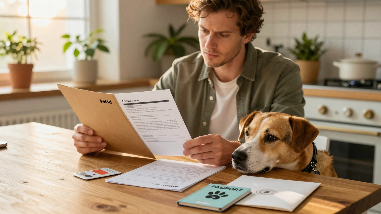 Man sitting at kitchen table reading a pet document with a dog resting its head on the table nearby.