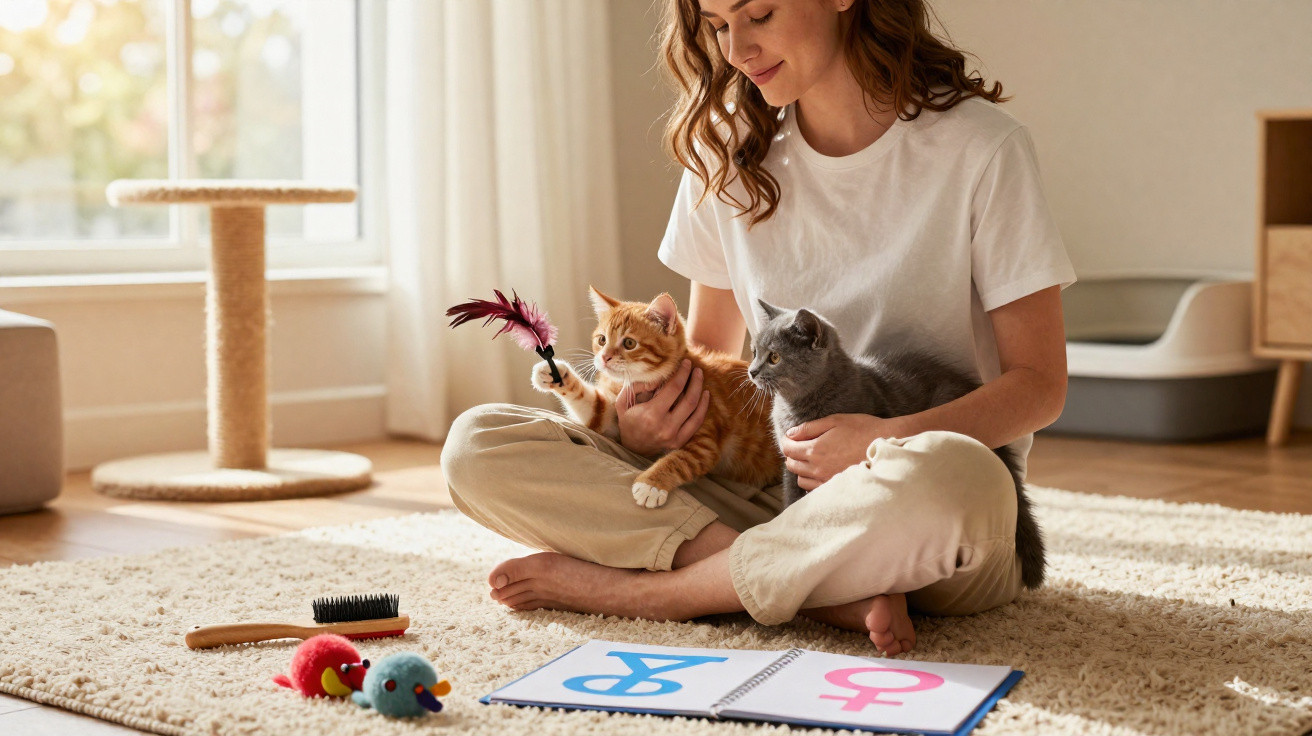 Woman sitting on carpet playing with two kittens using a feather toy and a book with gender symbols nearby
