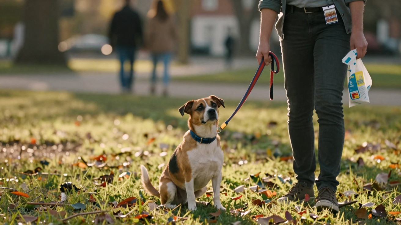 Person holding a small dog on a leash in a grassy park with fallen leaves during daytime.