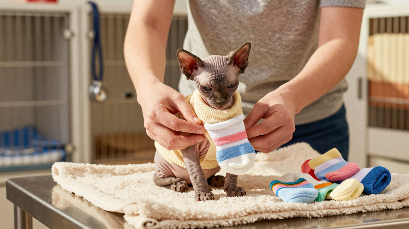 Person dressing a hairless Sphynx cat in a sweater on a veterinary table with colourful cat socks nearby.