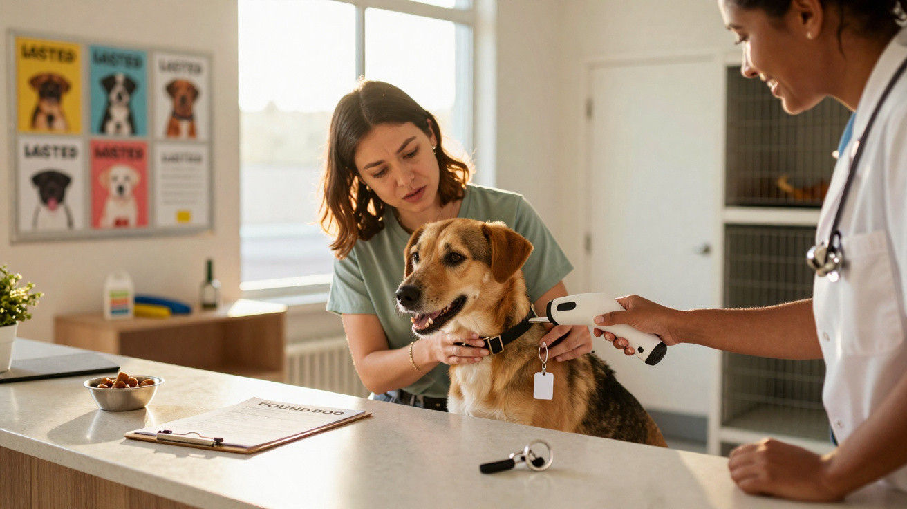 Veterinarian scanning a microchip on a happy dog held by a woman at a veterinary clinic reception.