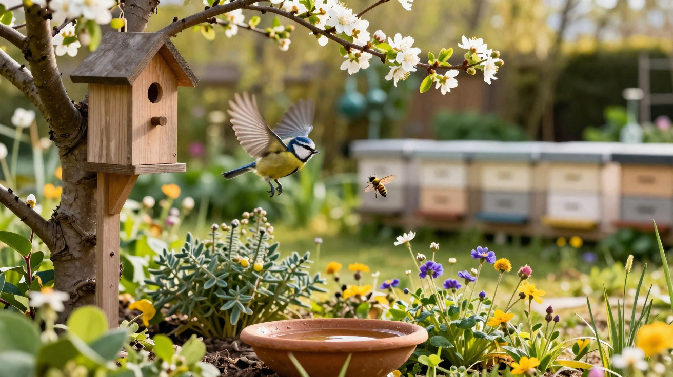 Blue tit bird flying near a wooden birdhouse and a bee above colourful garden flowers in spring.