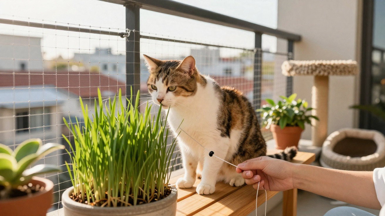 Calico cat sniffing plants on a balcony as a person gently holds a string near it.