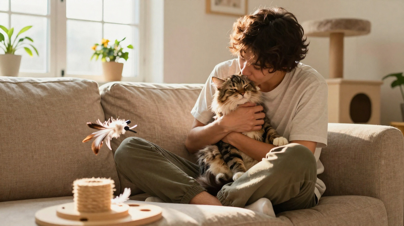 Young man sitting on a beige sofa, holding and kissing a fluffy tabby cat in a sunlit room.