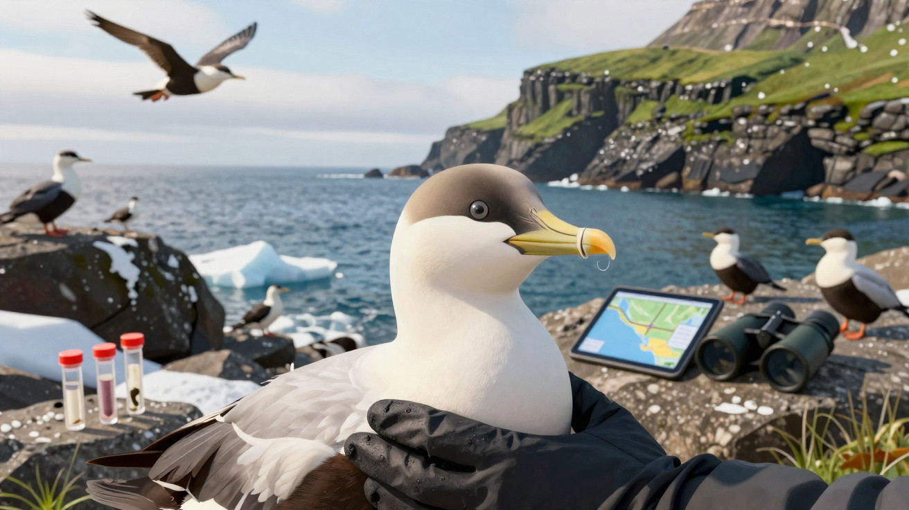 Close-up of a person holding a seabird with a clip on its beak, rocky coastline, binoculars, and test tubes in the background