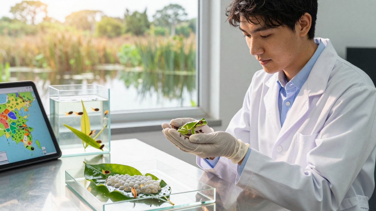 Scientist in lab coat examining a frog, with insect larvae and aquatic plants on a table near a window.