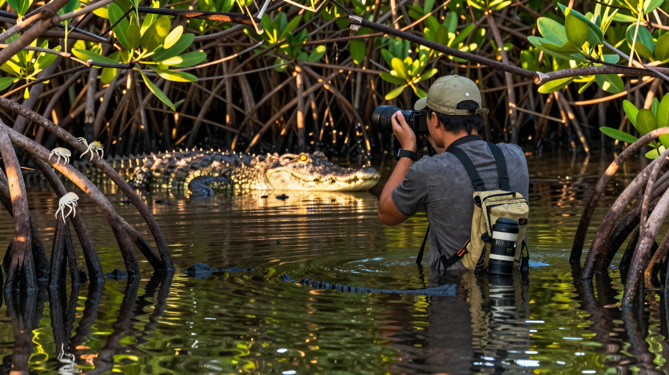 Photographer standing in water among mangroves taking a close-up photo of a crocodile resting near roots.