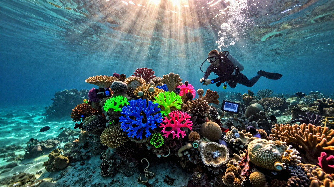 Scuba diver exploring a vibrant coral reef with sunlight filtering through clear blue ocean water above.
