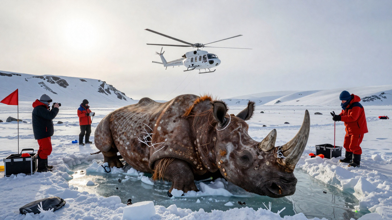 A life-sized woolly rhinoceros model lies on ice in snowy terrain, surrounded by people in red jackets and a hovering helicop