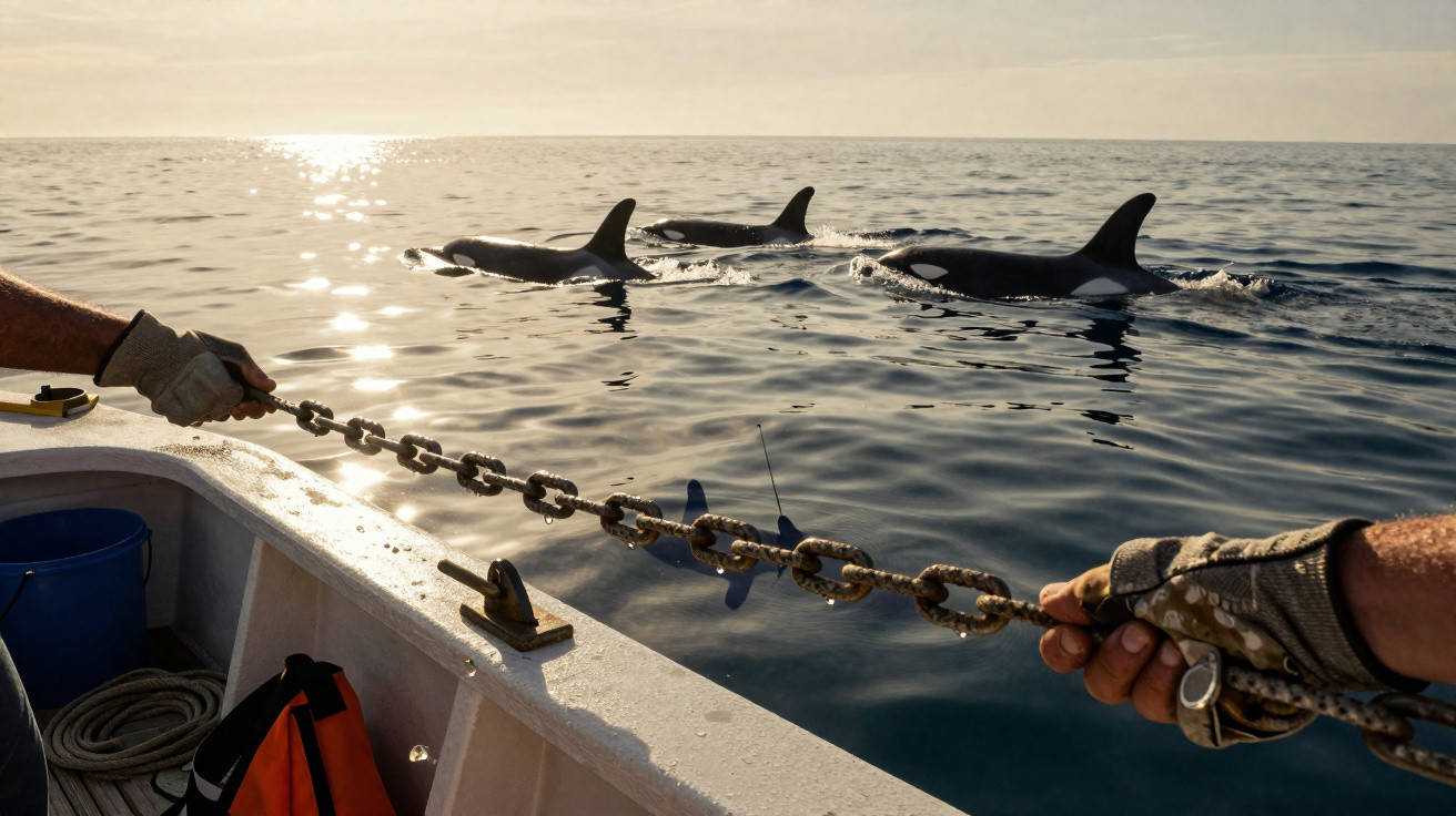 Three orcas swimming near a boat with two people holding a heavy chain on deck at sunset.