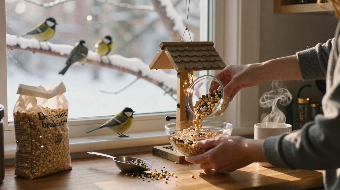 Person filling bird feeder with seeds by a snowy window with four small birds perched nearby.