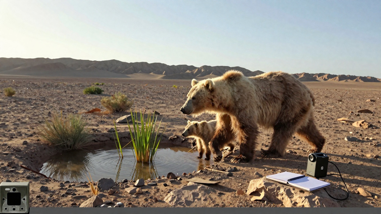 A mother bear and her cub drinking water from a small desert pond with recording equipment nearby.