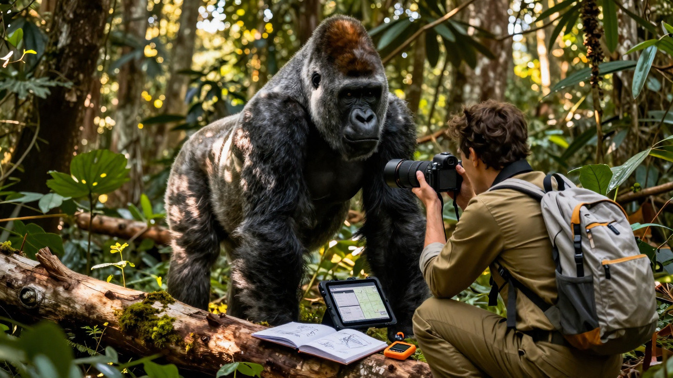 Person with camera photographing a large silverback gorilla in a dense forest setting.