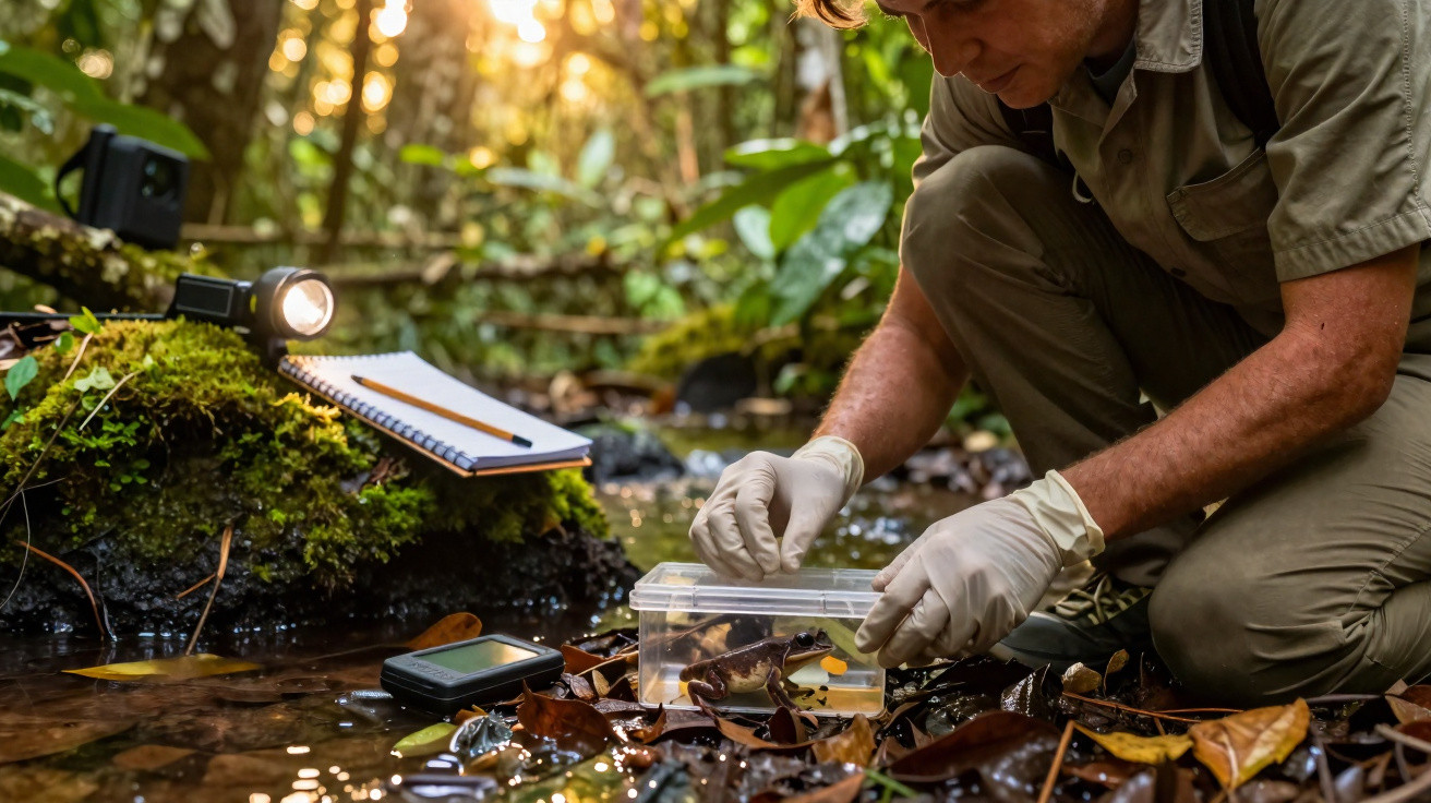 Scientist wearing gloves examining aquatic creatures in a clear container in a forest stream with research tools nearby.
