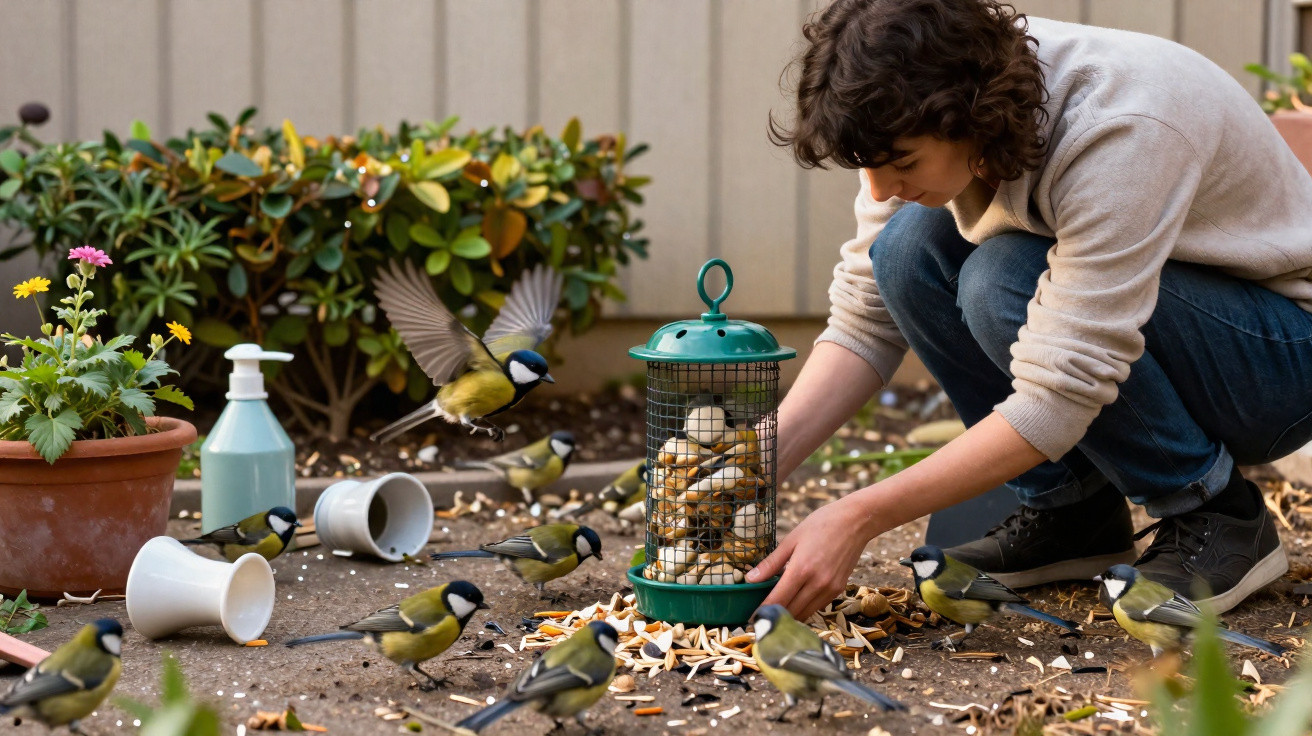 Person refilling a bird feeder surrounded by multiple small birds in a garden setting.