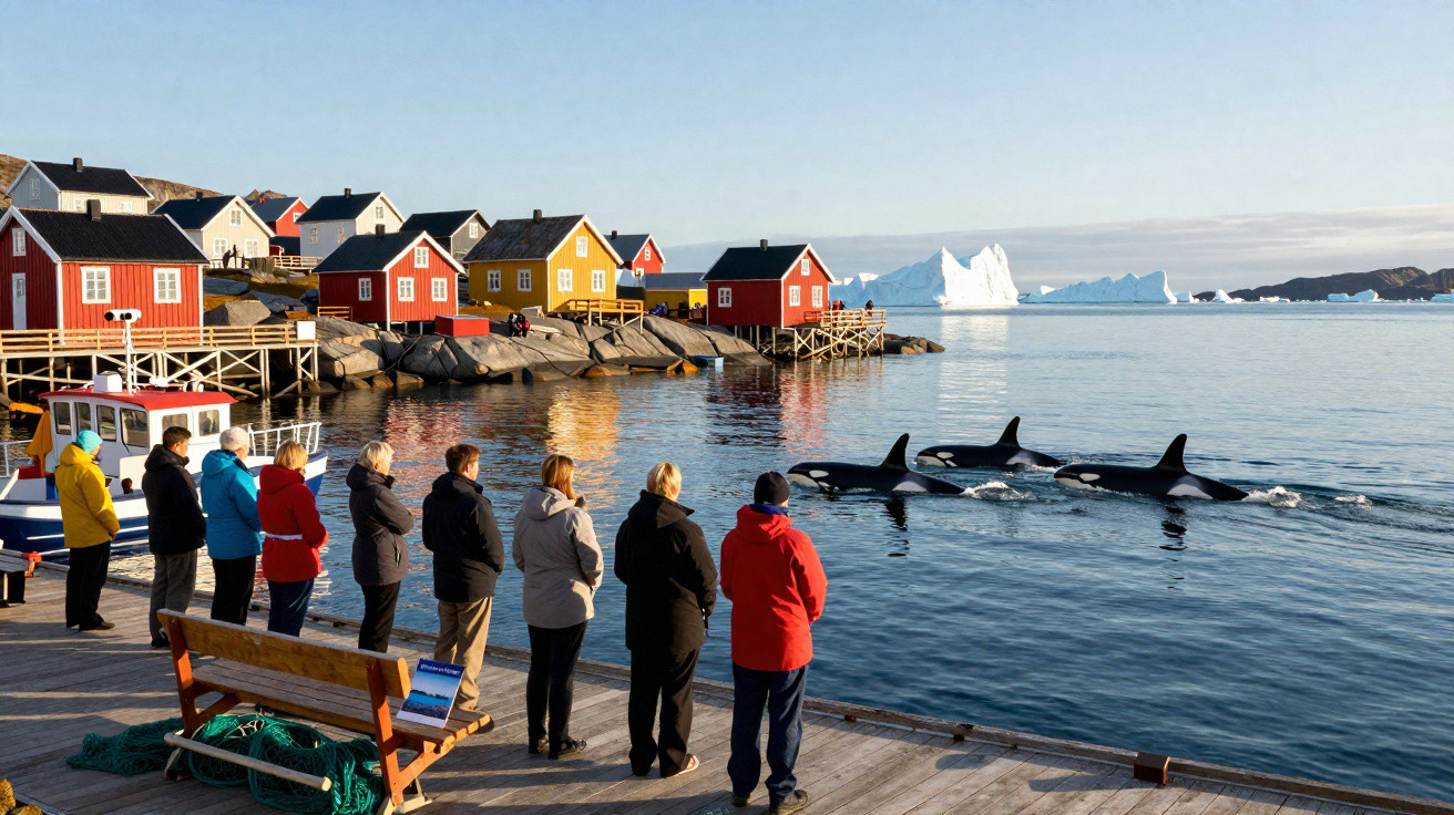 Group of people watching orcas swimming near colourful houses by the water with icebergs in the distance.