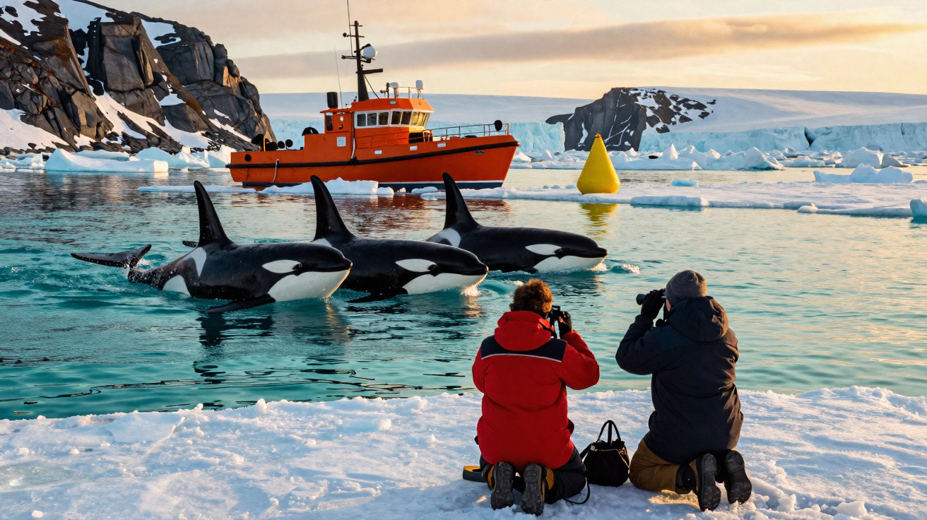 Two people photographing three orcas swimming near an orange boat in icy Antarctic waters at sunset.