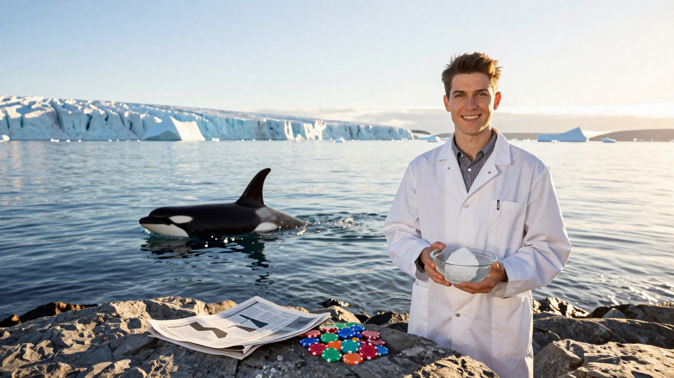 Scientist in white coat holding ice by Arctic water with orca, poker chips, and newspaper on rocks.