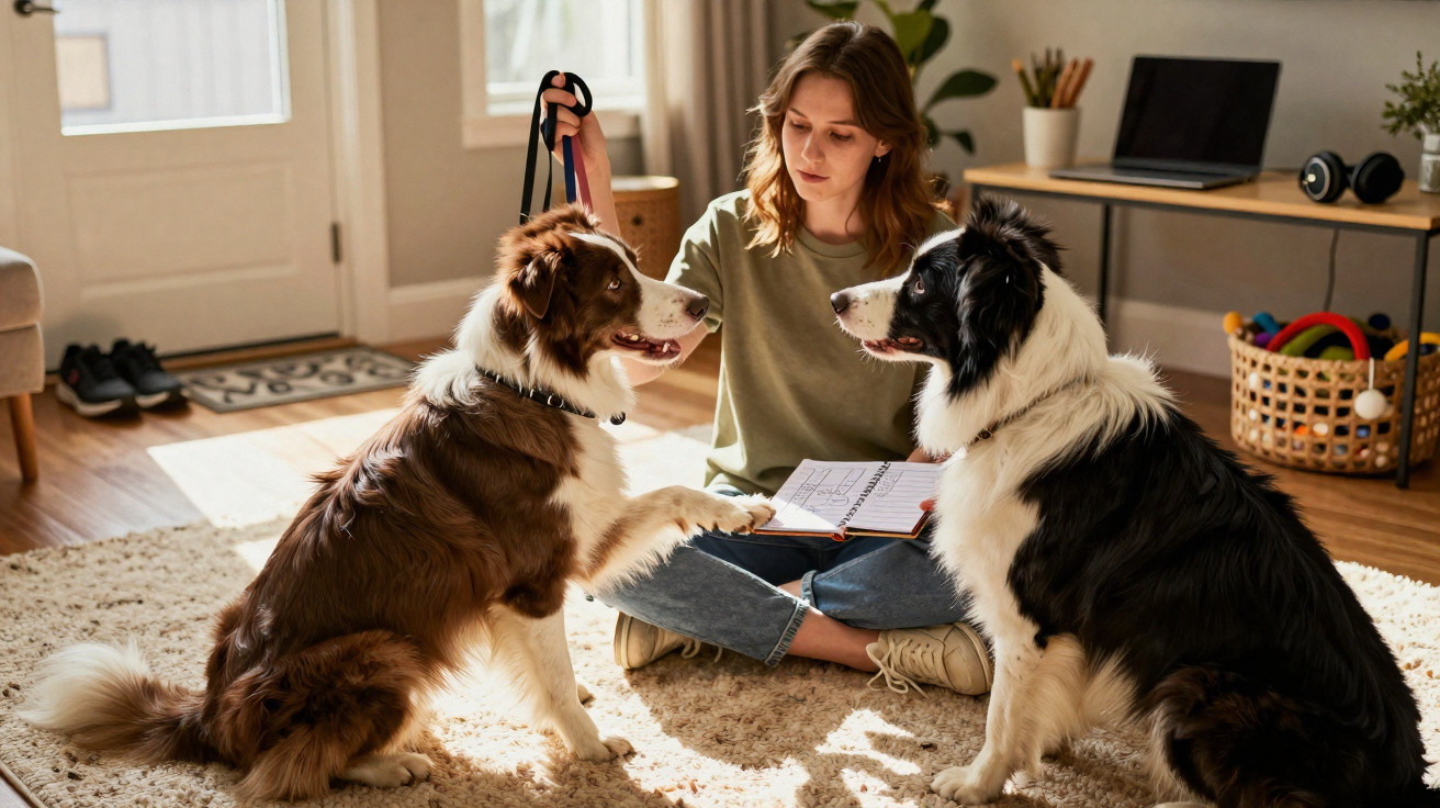 Young woman sitting on carpet training two attentive Border Collies indoors with notebook and leash in hand