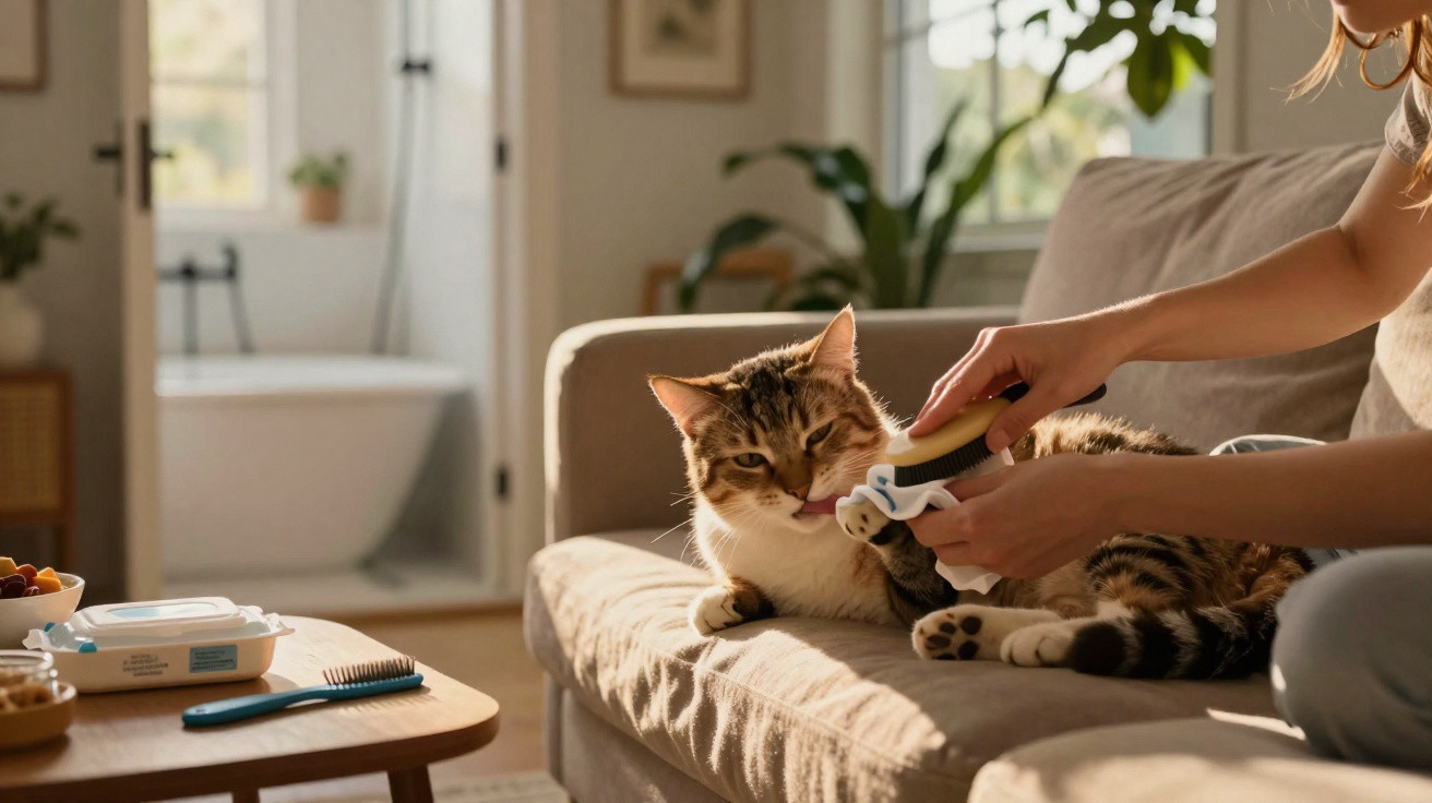 Person grooming a relaxed tabby cat with a brush on a beige sofa in a sunlit living room.