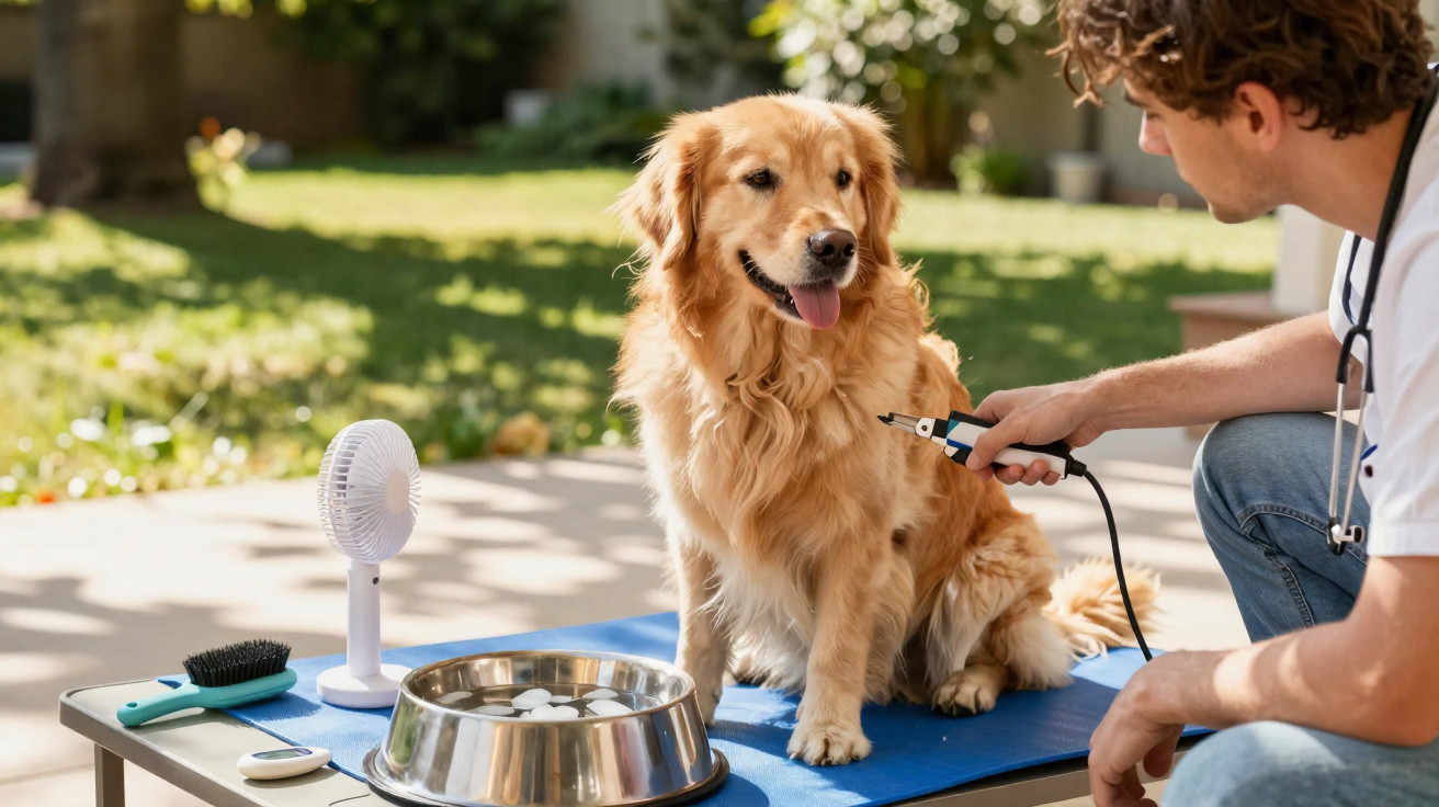 Veterinarian examining a happy golden retriever sitting on a table outdoors with grooming tools nearby.