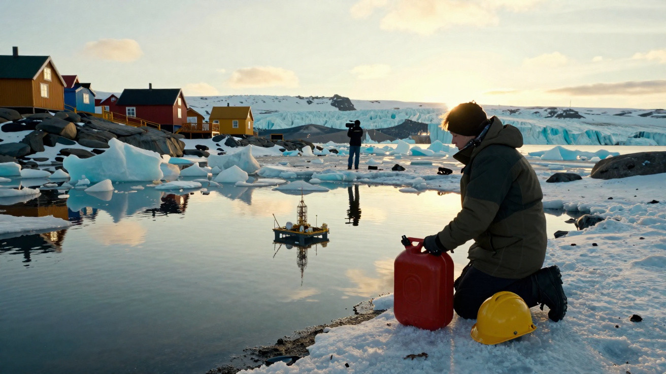 Person kneeling on snow by icy water with colourful houses and glacier in the background at sunset.