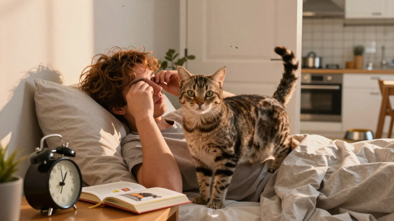 Person lying in bed rubbing eyes with a tabby cat standing on the bed in a sunlit bedroom.