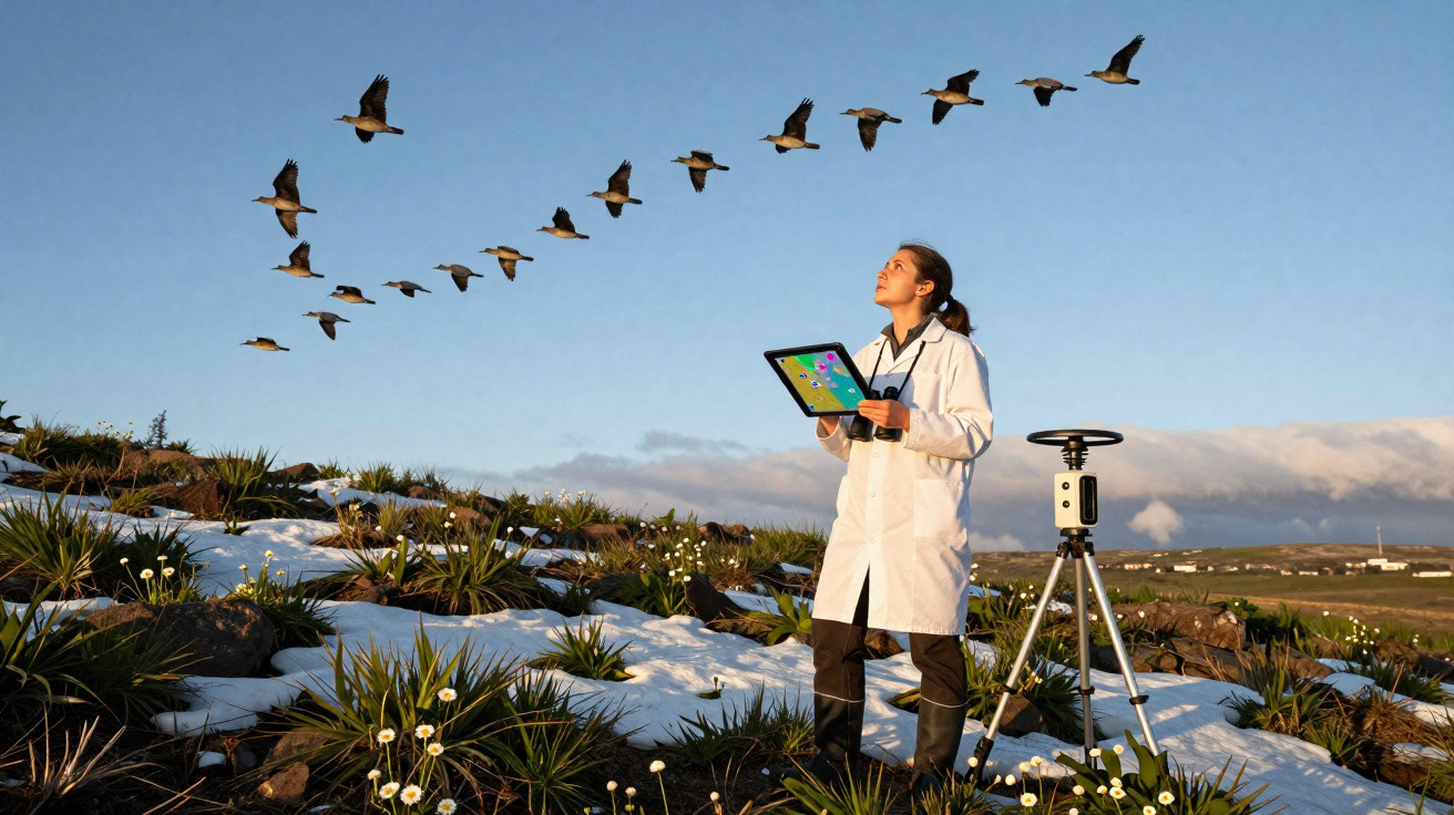 Scientist in white coat observing flying geese with tablet and binoculars in snowy grassland at sunrise.