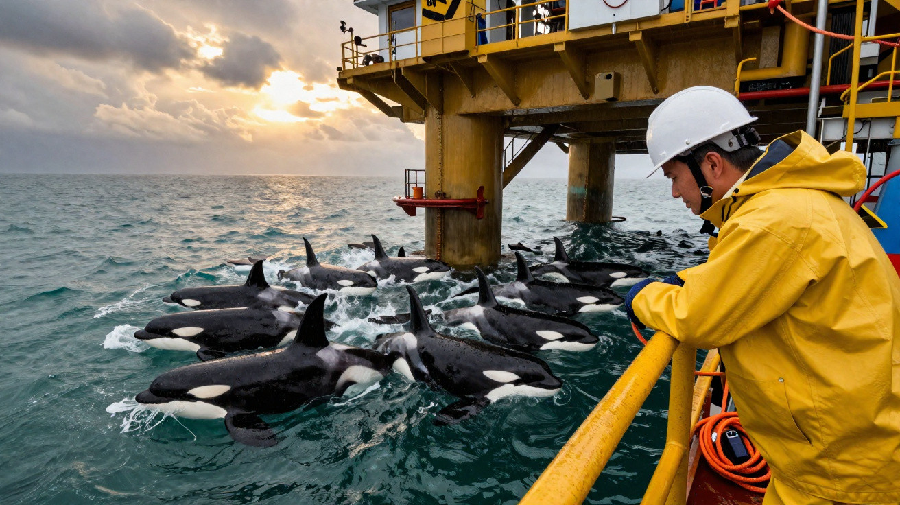 Person in yellow raincoat and white helmet observing a pod of orcas near an offshore platform at sunset.