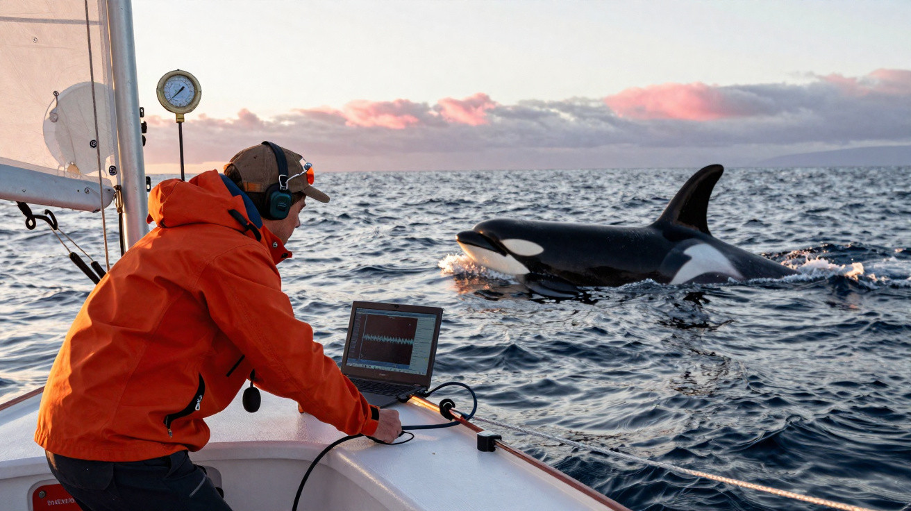 Person in orange jacket on boat using laptop near an orca whale in the ocean at sunset.