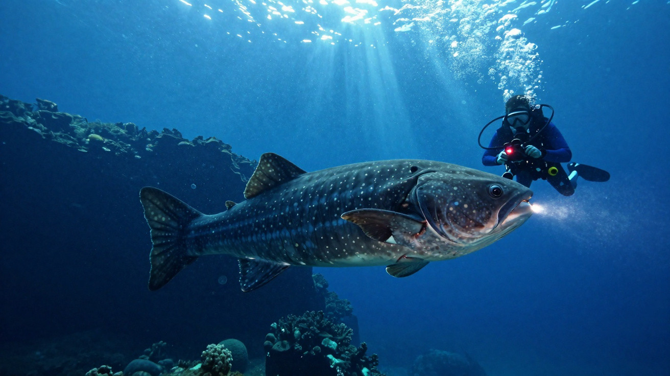 Diver photographing a large whale shark underwater with sunlight filtering through the water surface.