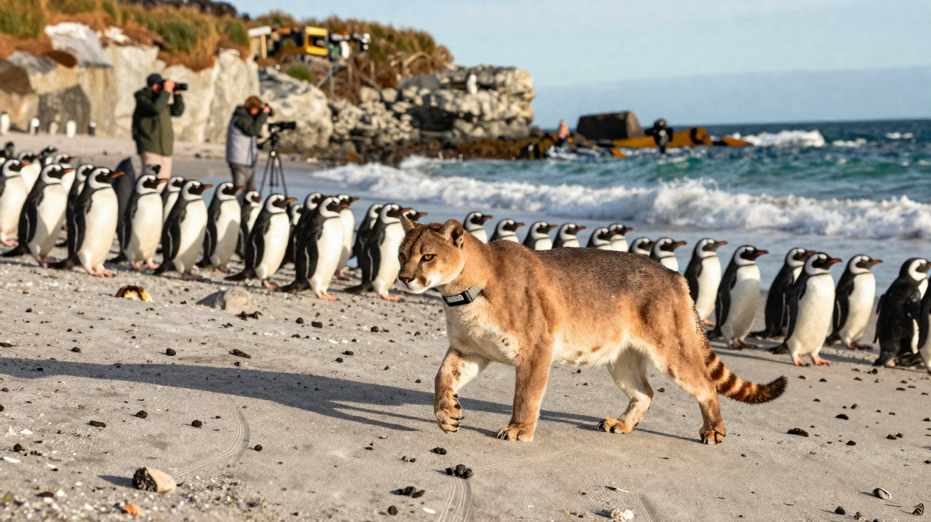 Mountain lion wearing a tracking collar walks past a line of penguins on a sandy beach by the sea.