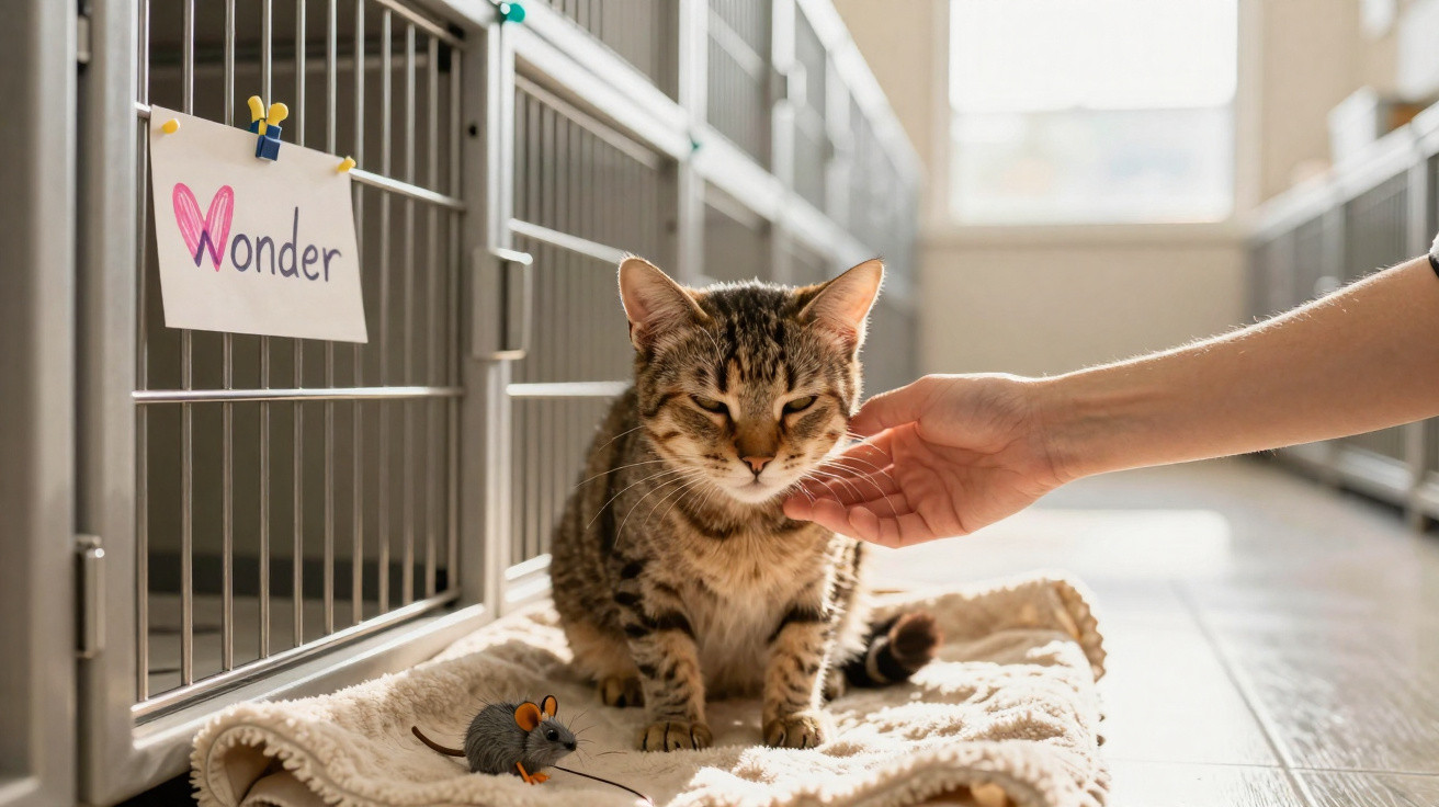 Person gently stroking a tabby cat sitting on a blanket beside a cage labelled Wonder in a sunlit room.
