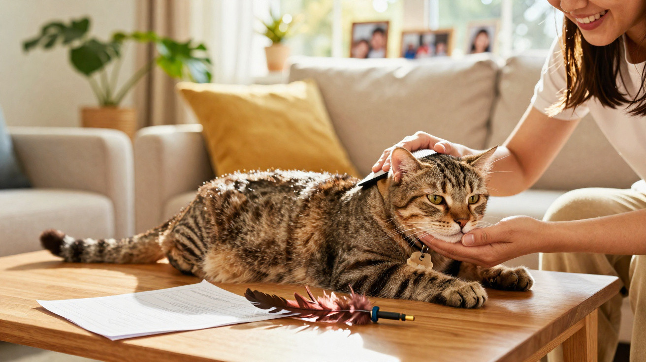 Person grooming a tabby cat lying on a wooden coffee table in a sunlit living room.