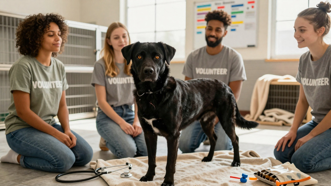 Black dog standing on a blanket with four volunteers sitting around in a veterinary or shelter setting.