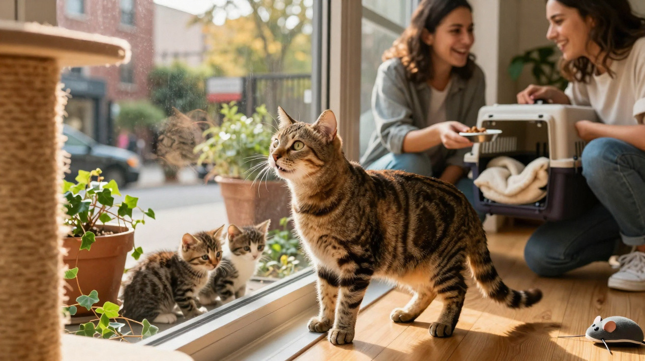 Two women with a cat carrier and a tabby cat indoors near a window with two kittens outside.