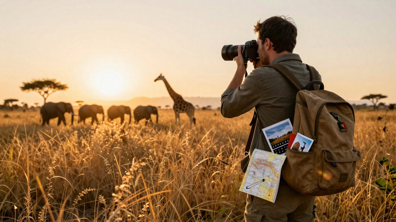 Man photographing elephants and a giraffe in a savannah at sunset with a backpack and maps.