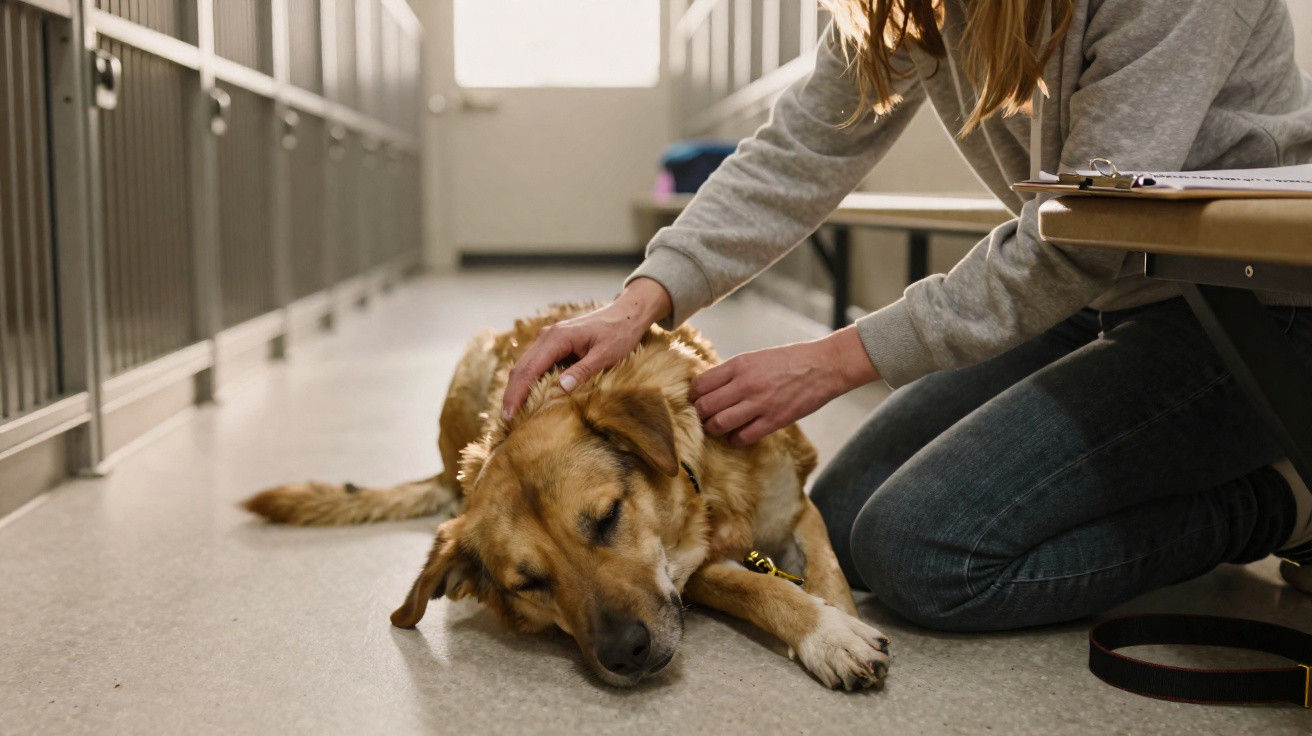 Person gently petting a large dog lying peacefully on a kennel floor in an animal shelter.