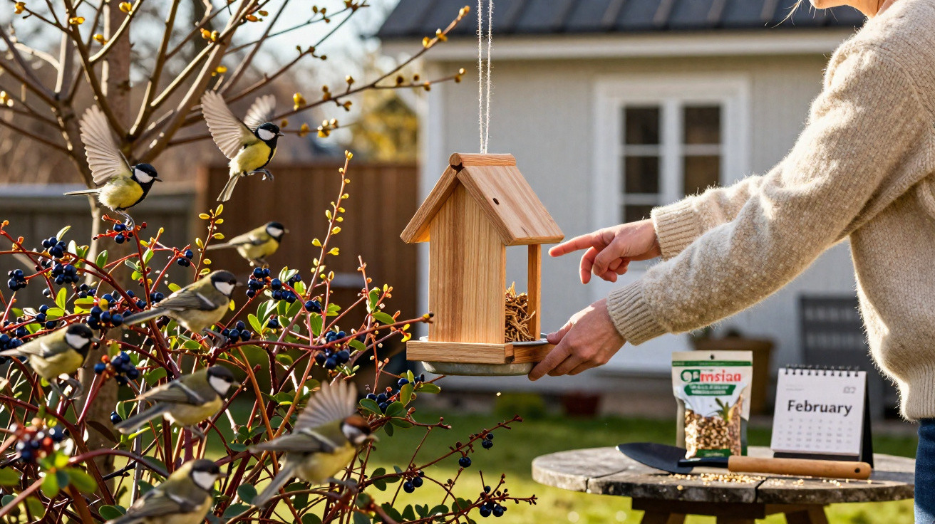 Person refilling wooden bird feeder outdoors as great tits gather on berry bush in sunny garden