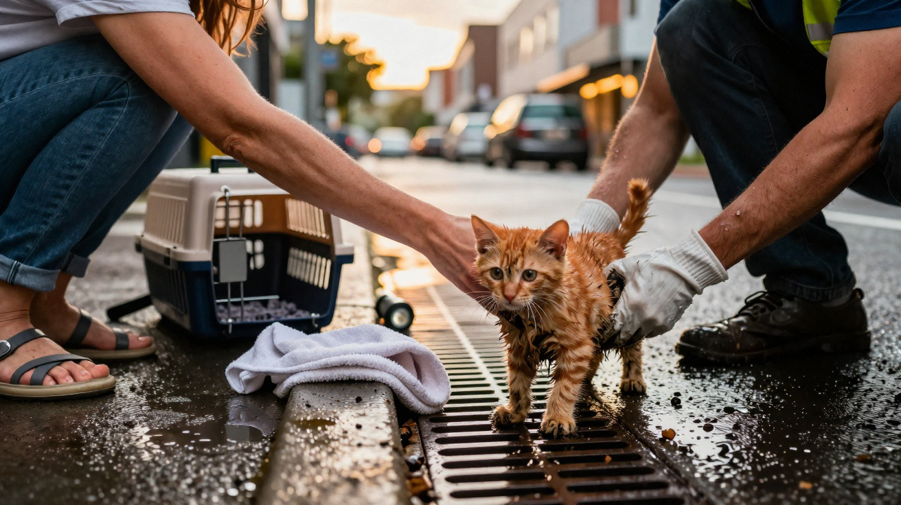 Two people rescuing a wet ginger kitten from a street drain near a pet carrier and towel.
