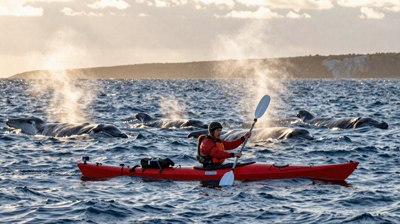Person kayaking in a red kayak near a group of whales spouting water in the ocean at sunset.