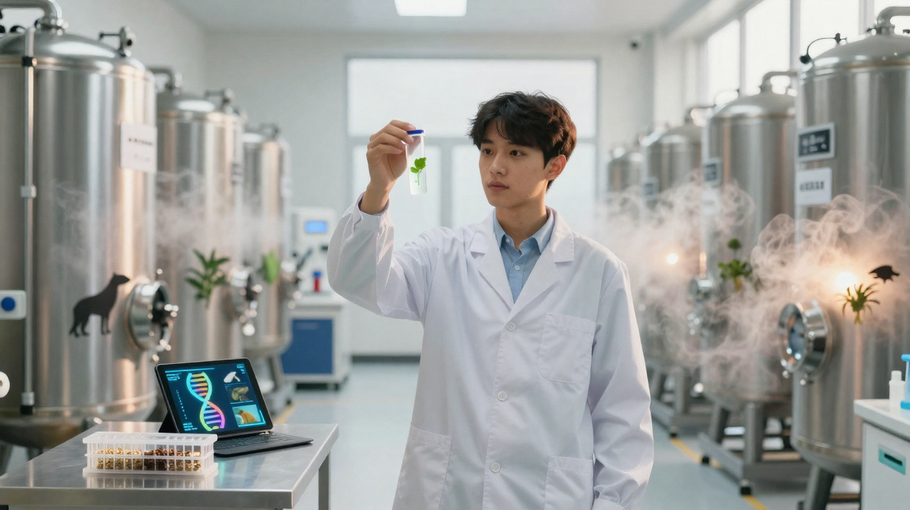 Scientist in a lab coat examines a plant sample in a tube inside a modern biotechnology laboratory.